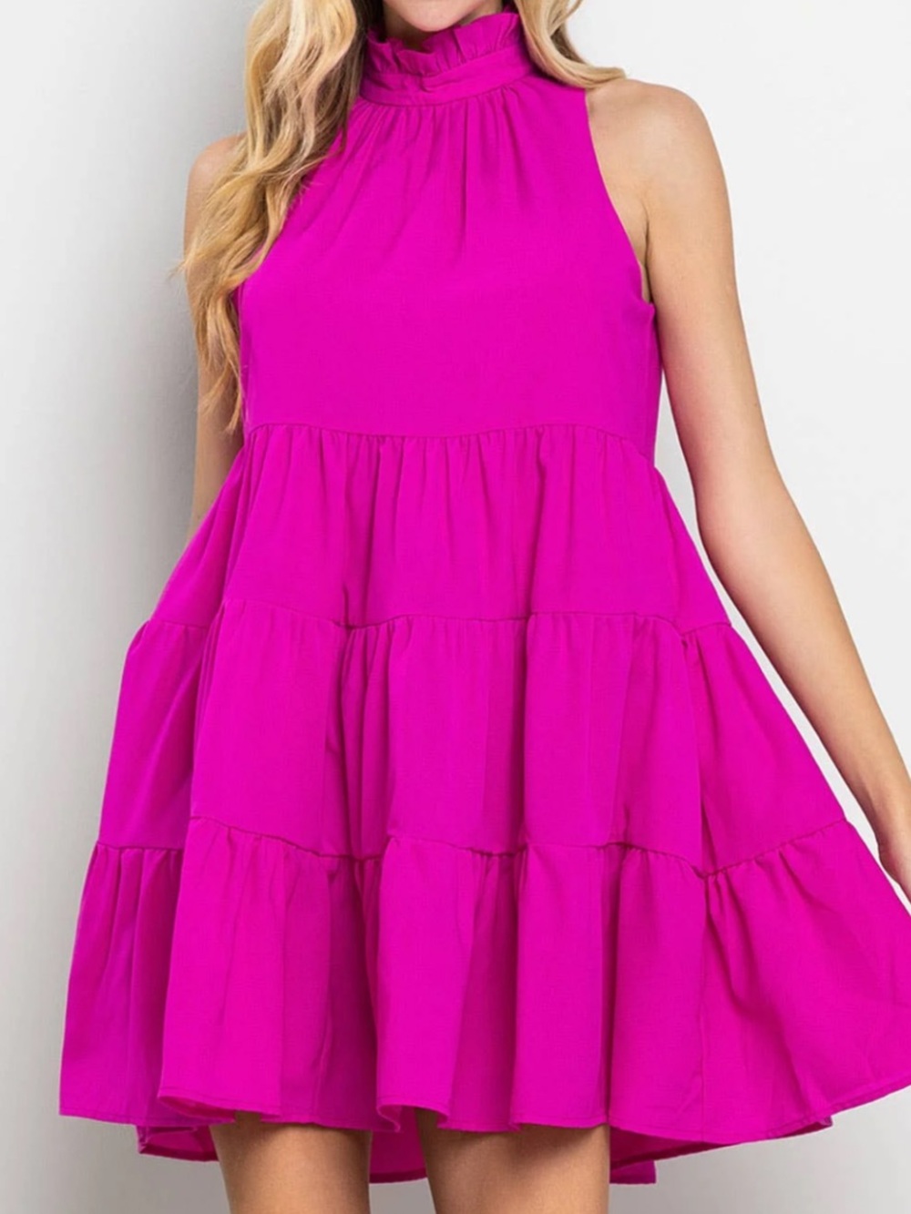 TCEC Fuschia Ruffled Halter Tiered Mini Dress